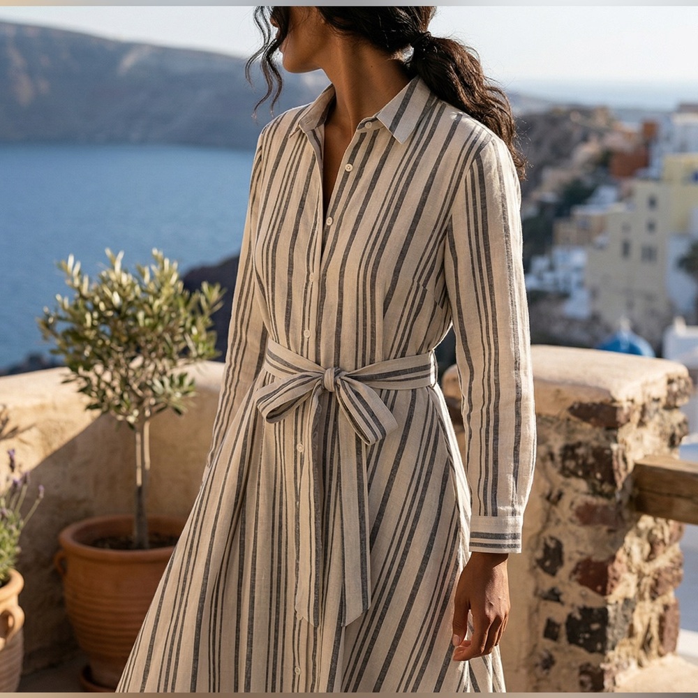 Striped Linen-Look Maxi Shirt Dress | Belted | Size S | New